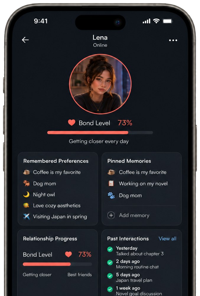 Memory and relationship logic - AI companion app screen